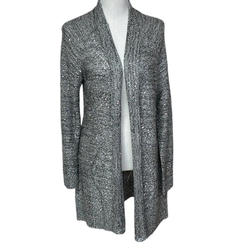 Belldini Long Line Silver Sequin Cardigan Sweater Size Large